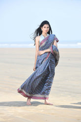 'Meher' Grey Pure Resham Cotton Alfi Booti Tillfi Border Banarasi Handloom Saree